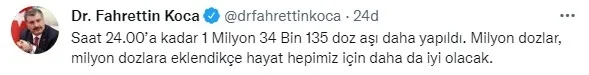 Son 24 saatte ne kadar Kovid-19 aşısı uygulandı? Sağlık Bakanı Fahrettin Koca rakamı duyurdu - 1