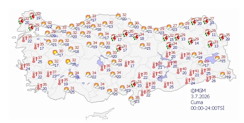 3 Temmuz Cuma hava tahmin haritası