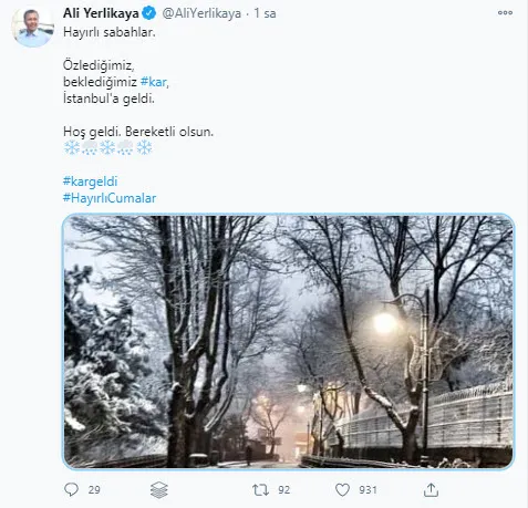 Son dakika: Son dakika: İstanbul Valisi Ali Yerlikaya’dan kar paylaşımı