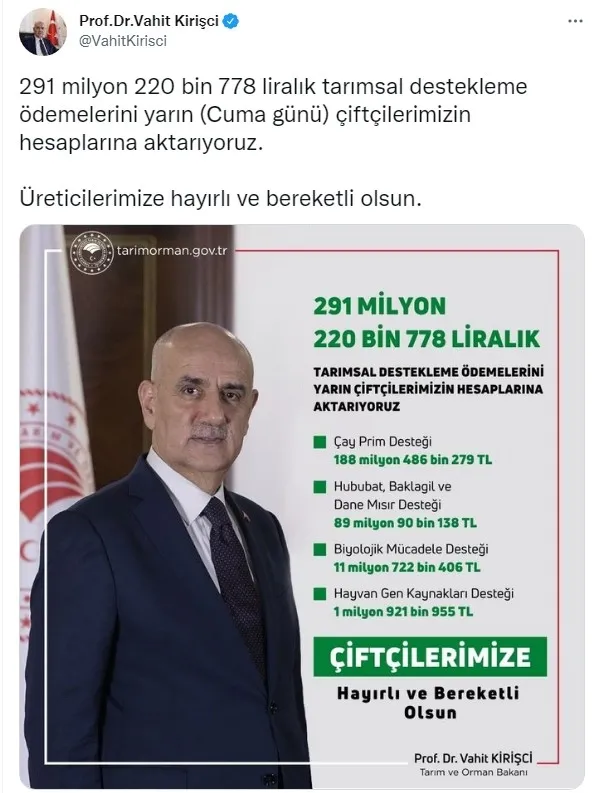 Bakan Vahit Kirişci: Çiftçilere 291,2 milyon liralık destek ödemesi yapılacak - 2