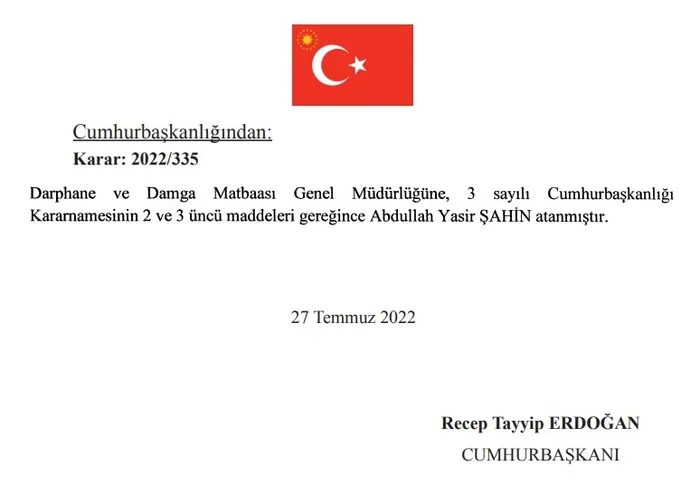 Darphane ve Damga Matbaası Genel Müdürlüğüne Abdullah Yasir Şahin atandı