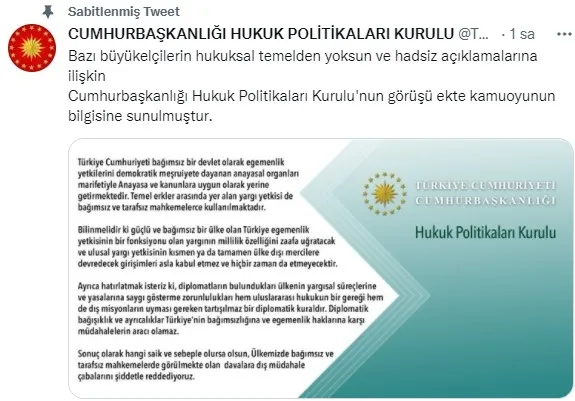 Cumhurbaşkanlığı Hukuk Politikaları Kurulundan 10 büyükelçinin Osman Kavala açıklamasına tepki - 1