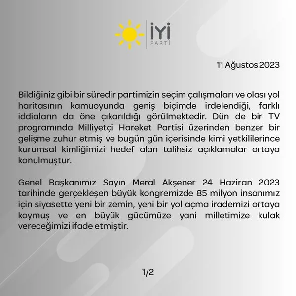 İYİ Parti’den MHP’nin ittifak teklifine net yanıt: 26 Ağustos ruhuyla rotamız net pusulamız millet!