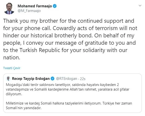 Somali Cumhurbaşkanı Farmajo’ndan Başkan Erdoğan’a dayanışma teşekkürü