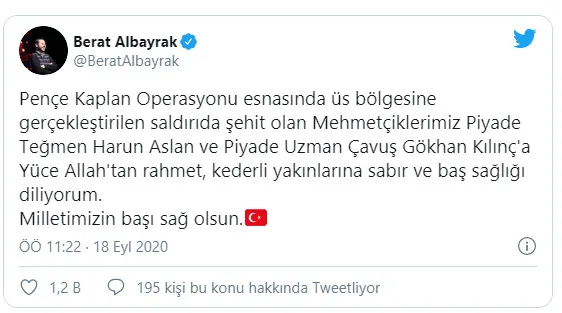 Hazine ve Maliye Bakanı Berat Albayrak'tan Pençe Kaplan Operasyonu şehitleri için baş sağlığı mesajı - 1