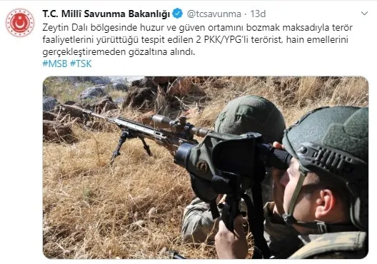 MSB duyurdu: Zeytin Dalı bölgesinde 2 PKK-YPG’li yakalandı