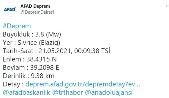 SON DAKİKA | Elazığ'da 3.8 büyüklüğünde deprem! (2021 SON DEPREMLER) - 1