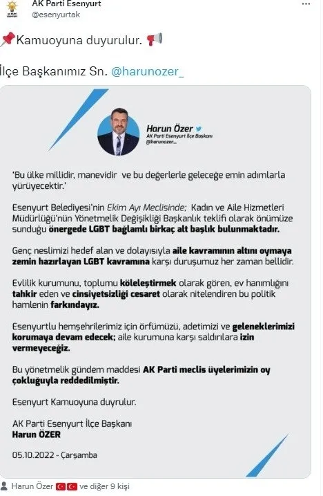 1665059096939.jpg CHP'li belediyenin skandal LGBT desteğine AK Parti 'dur' dedi: Aile kurumuna karşı saldırılara izin vermeyeceğiz - 3
