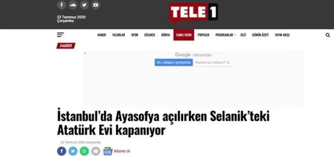 Tele1 yalana doymuyor! ’’Ayasofya açılırken Atatürk’ün evi kapatılıyor’’ başlığını attılar