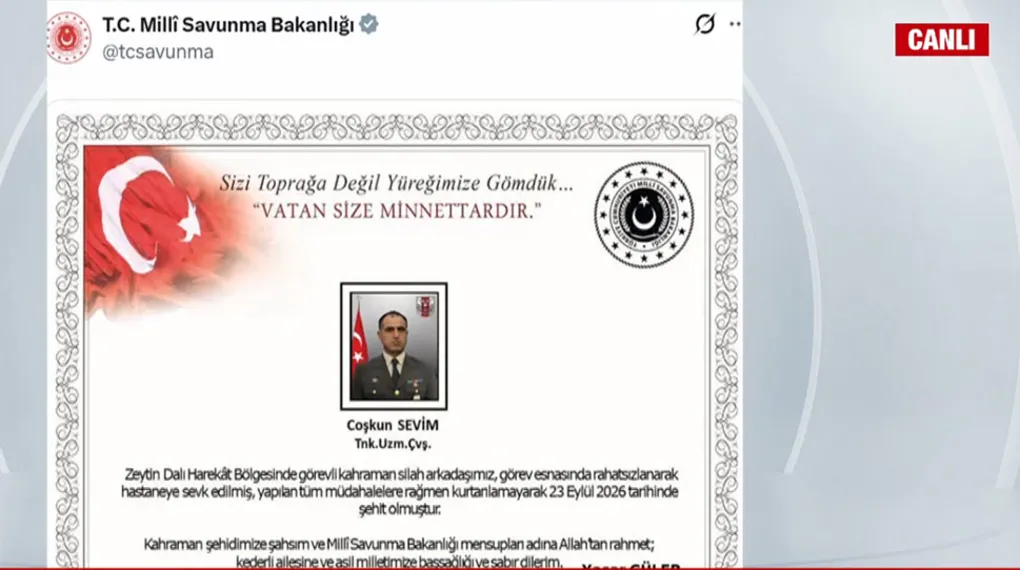 Zeytin Dalı Harekat Bölgesi'nden acı haber! Tankçı Uzman Çavuş Coşkun Sevim şehit oldu