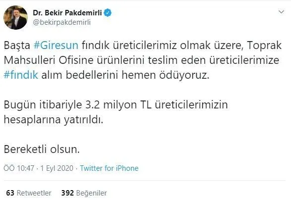 Tarım ve Orman Bakanı Bekir Pakdemirli fındık üreticilerine müjdeyi verdi!