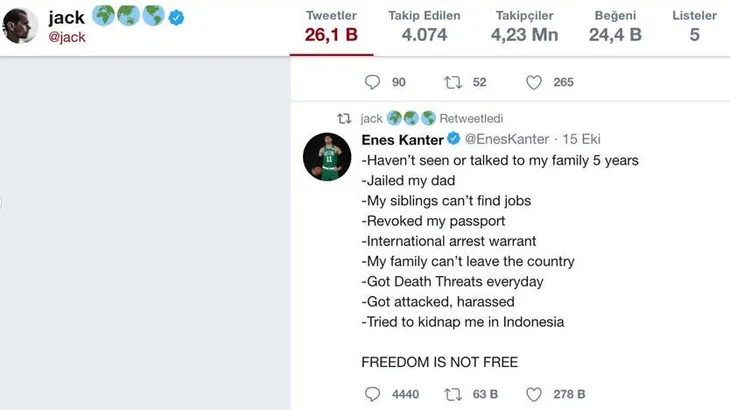 Twitter'ın CEO'su Jack Dorsey, terörist Enes Kanter'in skandal paylaşımına destek verdi - 1