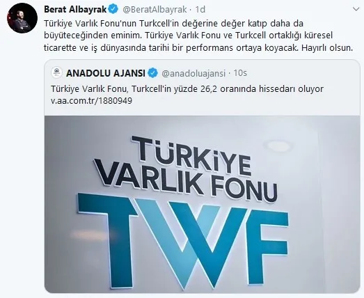 Son dakika: Hazine ve Maliye Bakanı Berat Albayrak: Türkiye Varlık Fonu Turkcell’in değerine değer katacak