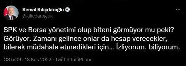 Kılıçdaroğlu’ndan yeni tehdit: Bu kez rekor üstüne rekor kıran borsa ve SPK’yı hedef aldı