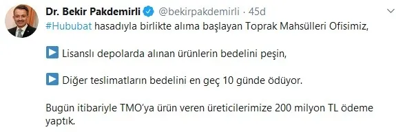Son dakika: Tarım ve Orman Bakanı Bekir Pakdemirli: TMO’ya ürün veren üreticilerimize 200 milyon TL ödeme yaptık
