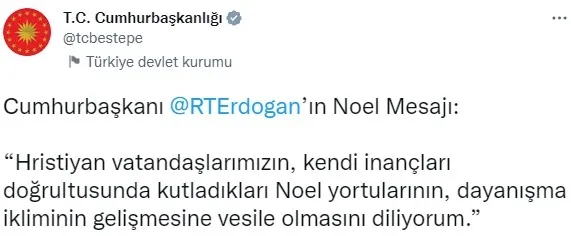 Başkan Recep Tayyip Erdoğan’dan 2023 Noel’i için mesaj