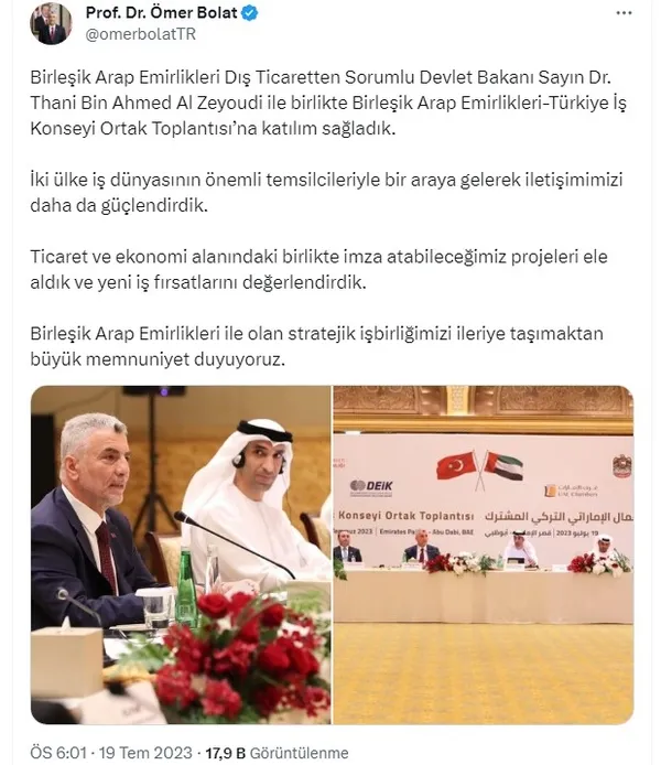 Ticaret Bakanı Bolat BAE-Türkiye İş Forumu’nda konuştu: Çok önemli anlaşmalara imza atıldı