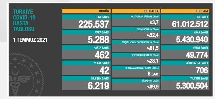 SON DAKİKA: Sağlık Bakanlığı 1 Temmuz 2021 vaka ve vefat tablosunu açıkladı! Can kaybında düşüş sürüyor - 4