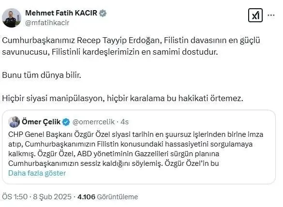 1739020484211.jpeg Sanayi ve Ticaret Bakanı Mehmet Fatih Kacır'ın CHP lideri Özgür Özel'e tepkisi (X)