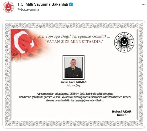 Avaşin’de Piyade Uzman Çavuş Yunus Emre Yalman şehit düştü