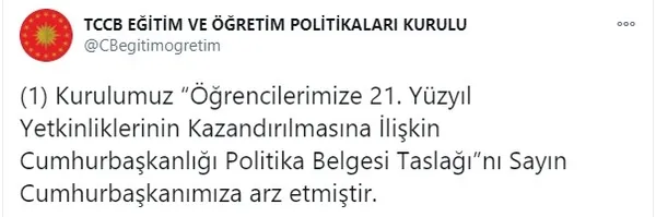 Öğrencilere 21. yüzyıl yetkinliklerinin kazandırılmasına ilişkin politika belgesi taslağı Başkan Erdoğan’a sunuldu