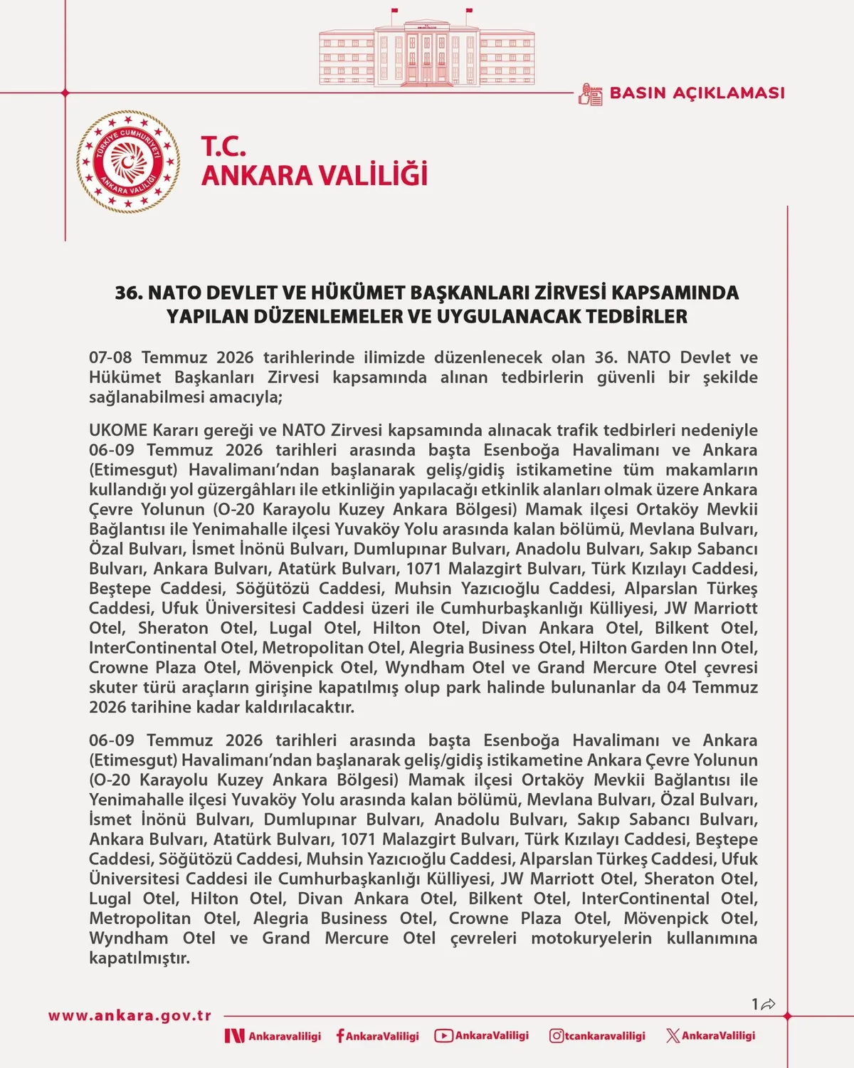 ankarada-7-8-temmuzda-hangi-yollar-kapali-nato-zirvesi-alternatif-guzergahlar-1782988968425.jpg NATO Zirvesi kapsamında belirlenen güzergâhlarda 6-9 Temmuz tarihleri arasında motokurye faaliyetleri durdurulurken, skuter girişine de geçici olarak izin verilmeyecek. (Görsel: Ankara Valiliğ)
