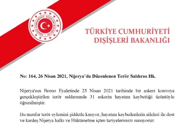 Dışişleri Bakanlığı Nijerya’daki terör saldırısını kınadı