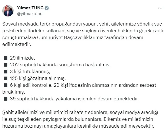 sosyal-medyada-teror-propagandasi-bakan-tunctan-flas-aciklama-202-supheliye-sorusturma-1703669055778.jpg Sosyal medyada terör propagandası! Bakan Tunç'tan flaş açıklama: 202 şüpheliye soruşturma - 1