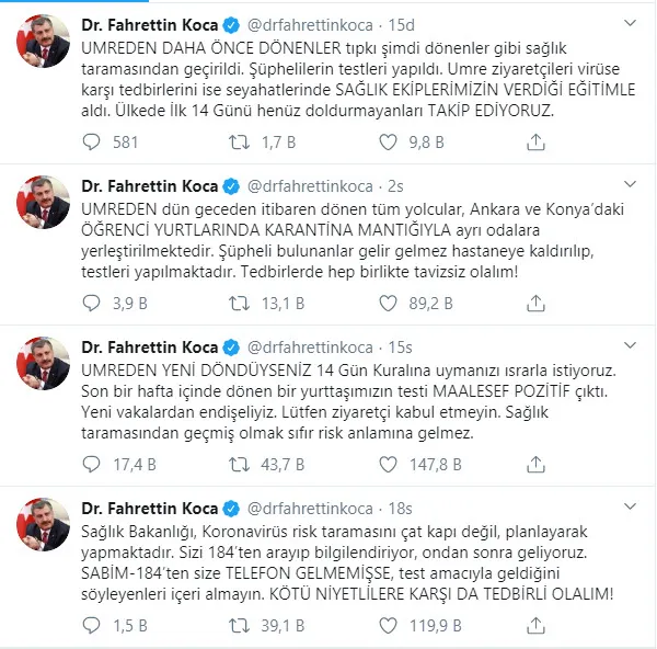 Sağlık Bakanı Fahrettin Koca'dan umreden dönen vatandaşlar hakkında "koronavirüs" açıklaması
