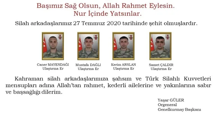 Milli Savunma Bakanı Hulusi Akar'dan şehitlerimiz için başsağlığı mesajı - 1
