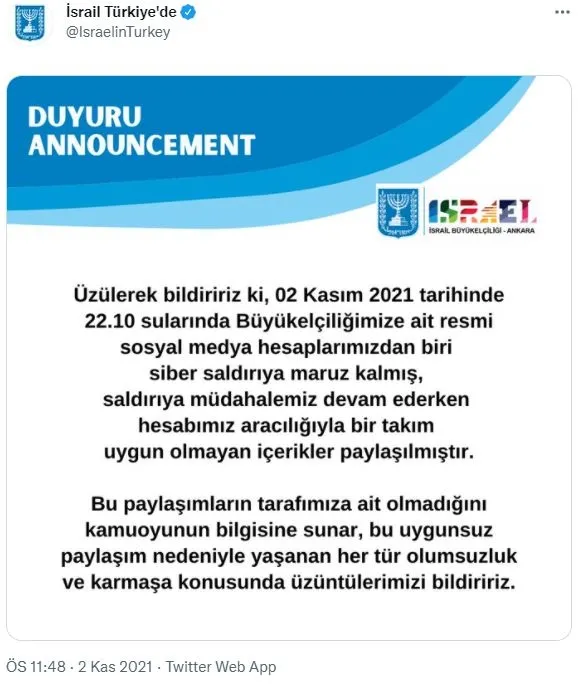 israilin-ankara-buyukelciliginin-g20-hazimsizligi-skandal-paylasim-kaldirildi-1635890205834.jpg İsrail Ankara Büyükelçiliği'nden skandal paylaşım! ''Siber saldırı'' olduğunu iddia ettiler - 2