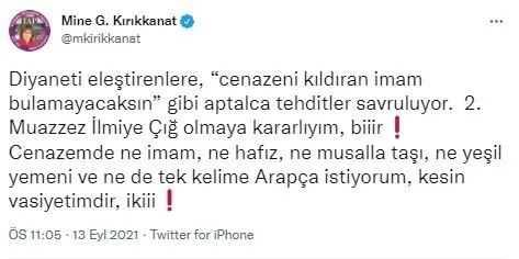 Cumhuriyet Yazarı Mine Kırıkkanat vasiyetini açıkladı: Cenazemde imam ve tek kelime Arapça istemiyorum! Keşke yakılsa cesedim