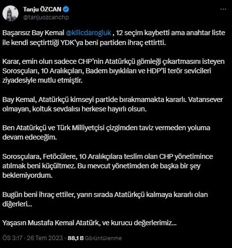 CHP’de Tanju Özcan kararı! İhraç edildi! İhraç kararı sonrası Tanju Özcan Kemal Kılıçdaroğlu’nu bombaladı