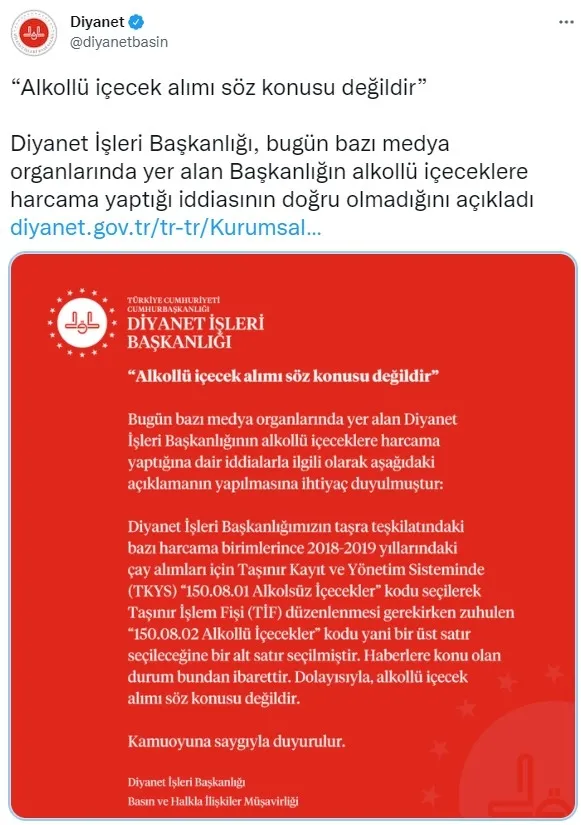 Diyanet İşleri Başkanlığından alkollü içecek alımı açıklaması