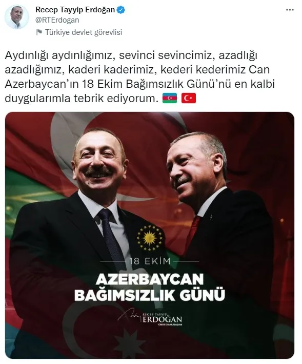 Başkan Erdoğan Azerbaycan’ın Bağımsızlık Günü’nü kutladı