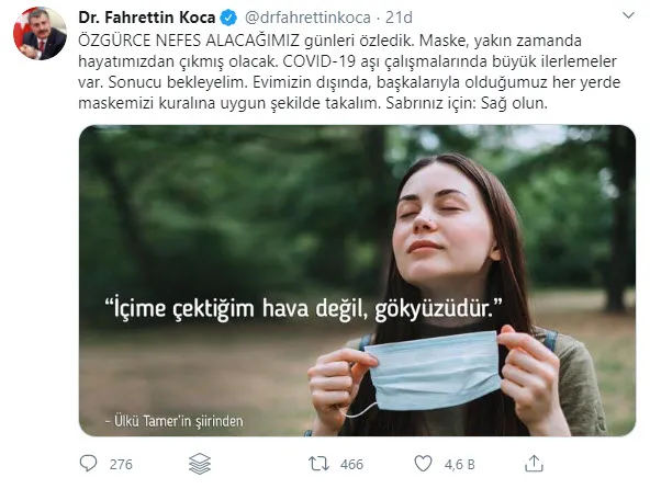 Son dakika: Bakan Koca’dan dikkat çeken maske paylaşımı: Yakın zamanda hayatımızdan çıkmış olacak