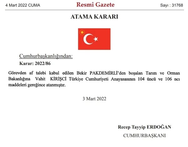 Son dakika: Tarım Bakanlığında devir teslim | Vahit Kirişçi görevi Bekir Pakdemirli’den devraldı