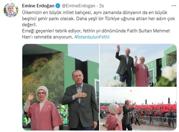 Emine Erdoğan’dan Atatürk Havalimanı Millet Bahçesi mesajı