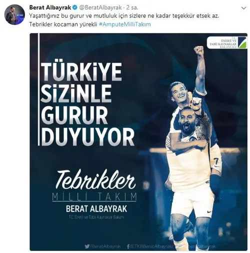 Bakan Albayrak’tan Ampute Milli Takımına tebrik mesajı