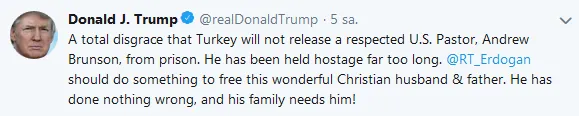 Trump, Türkiye’de tutuklu papaz için Başkan Erdoğan’a çağrıda bulundu
