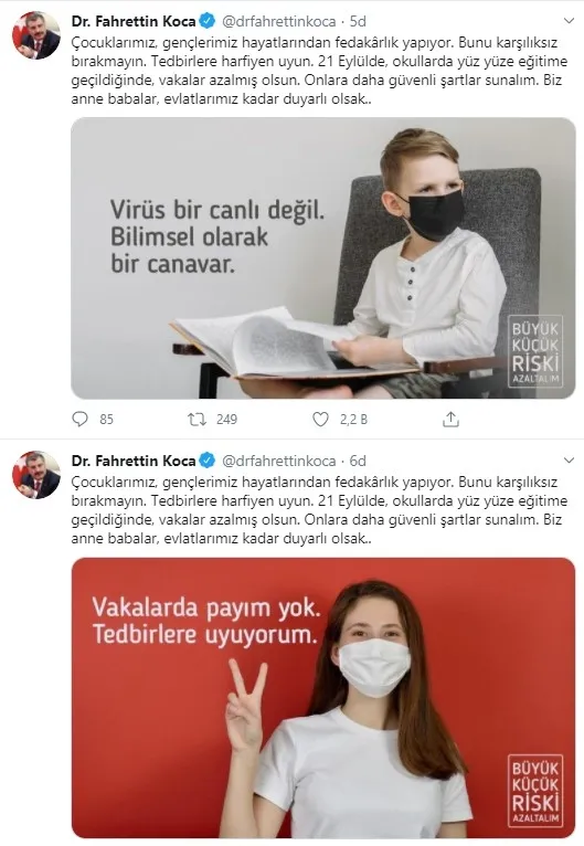 Sağlık Bakanı Fahrettin Koca’dan önemli mesaj: 21 Eylülde okullarda yüz yüze eğitime geçildiğinde...