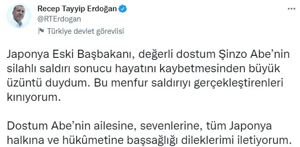 Son dakika: Başkan Recep Tayyip Erdoğan’dan öldürülen Japonya eski Başbakanı Abe için taziye mesajı
