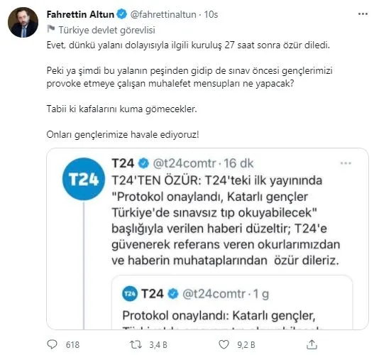 İletişim Başkanı Fahrettin Altun’dan Katarlı öğrenciler haberi için özür dilenmesine yönelik paylaşım