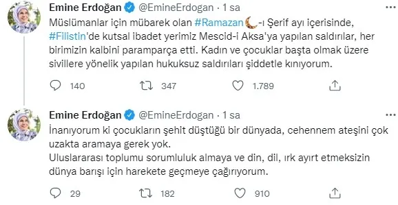 Emine Erdoğan, İsrail güçlerinin Mescid-i Aksa baskınını kınadı