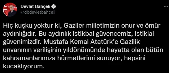 MHP Genel Başkanı Devlet Bahçeli 19 Eylül Gaziler Günü mesajı
