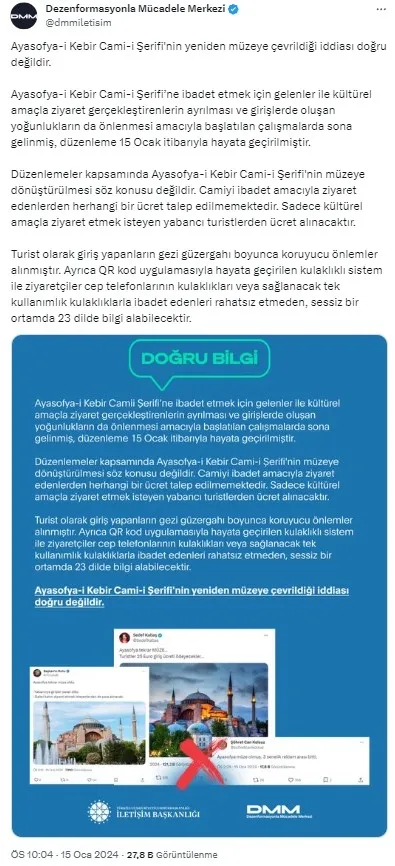 Ayasofya Camii üzerinden algı çalışması! ‘Müzeye çevrildi’ yalanına DMM’den müdahale geldi: Söz konusu bile değildir