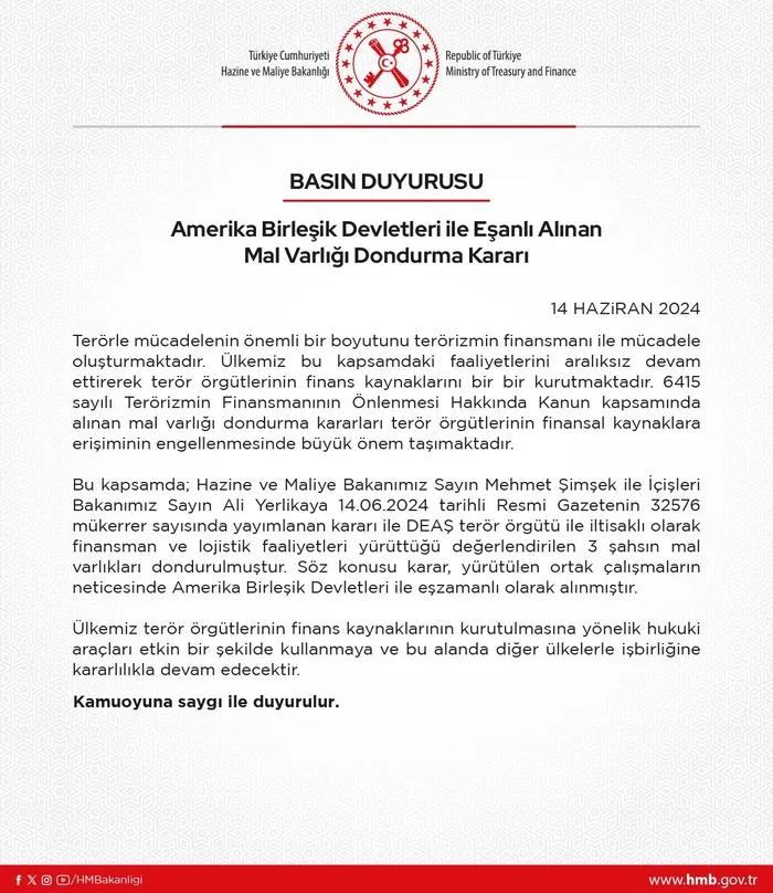 Türkiye ve ABD’den eş zamanlı karar! Terör bağlantılı kişilerin mal varlıkları donduruldu