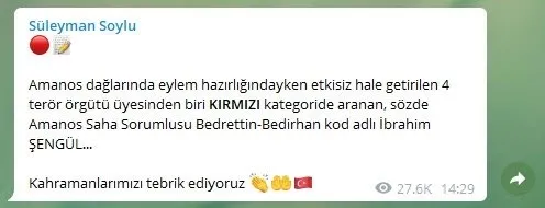 PKK/KCK’nın kırmızı listede aranan sözde Amanos saha sorumlusu etkisiz hale getirildi