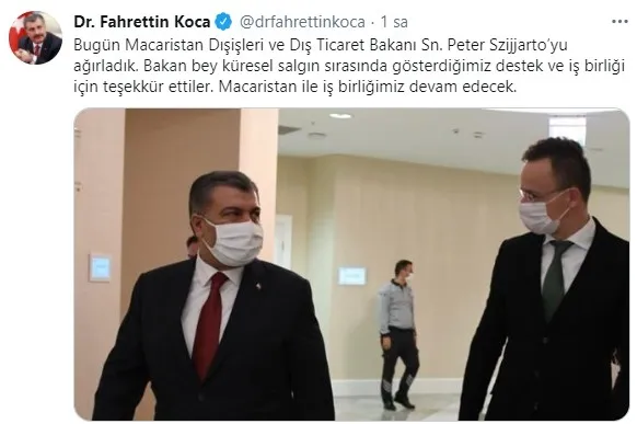 Sağlık Bakanı Fahrettin Koca, Macaristan Dışişleri Bakanı Peter Szijjarto ve Büyükelçi Massimo Gaiani ile görüştü
