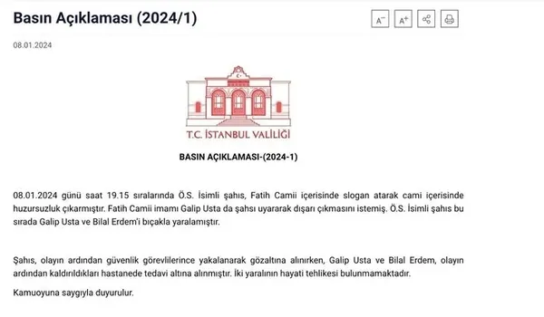 Fatih Camii imamına bıçaklı saldırı! Kurra Hafız Galip Usta omzundan yaralandı | Saldırgan tutuklandı